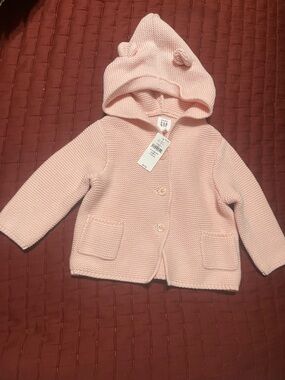 GAP Baby Pink Knit Hooded Cardigan with Bear Ears(6-12)